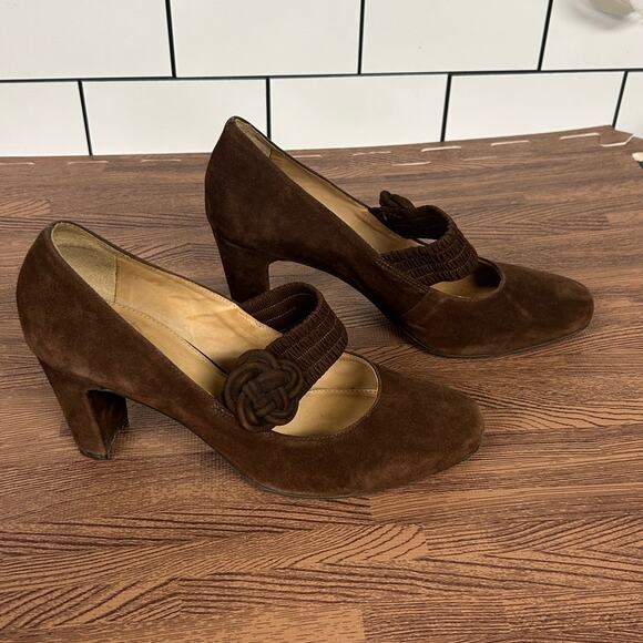 Nurture Madge Mary Jane Pumps 8.5 Brown Suede Leather Heeled Elastic Knot Strap - Picture 4 of 9